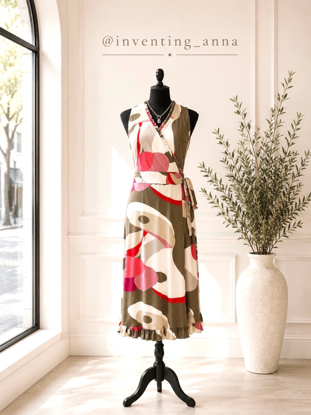 JONATHAN MARTIN Army Green and Pink Ruffled A-Line Sleeveless Midi Dress